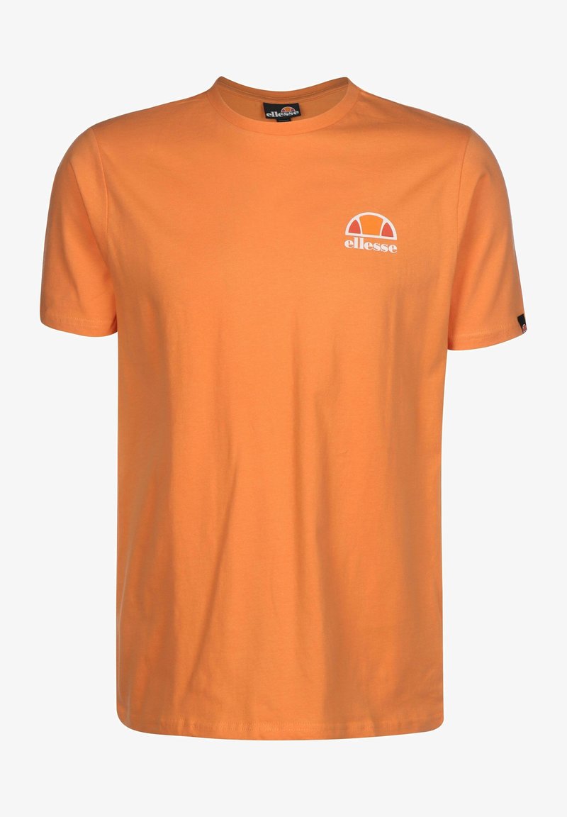 T-shirt en coton orange avec col rond, arborant un petit motif blanc de logo sur la poitrine gauche et une étiquette tissée sur la manche.