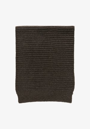 Brown knit scarf with a ribbed texture, rectangular shape, and a thick border at the bottom. Soft material, suitable for warmth.