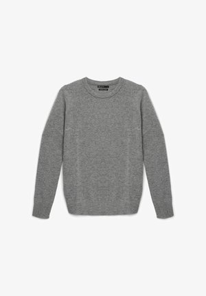 Grauer Pullover, runder Ausschnitt, lange Ärmel, gerippte Bündchen und Saum. Der Stoff scheint weich mit einer glatten Textur und ohne sichtbare Muster zu sein.