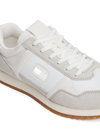 Men's sneakers featuring a combination of white leather and light gray suede, smooth texture, and textured rubber outsole with logo detail.
