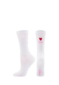 Białe skarpetki typu crew z ryżowym wzorem, z czerwonym sercem i różowym napisem "CIAO" na przedniej części mankietu oraz różowym napisem "CIAO" na podeszwie.