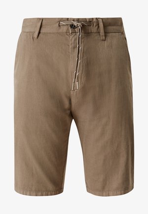 Shorts in cotone marrone con vita regolabile mediante cordoncino, tasche frontali e texture liscia. Il design presenta un detailing minimalista.