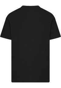 Sort bomulds T-shirt med rund hals og korte ærmer. Har en ensfarvet farve uden synlige mønstre eller udsmykninger.