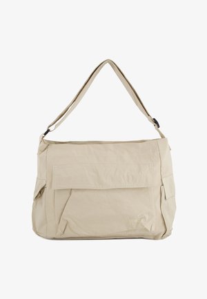 Beżowa torebka na ramię z regulowanym paskiem, przednią kieszenią z klapą, bocznymi kieszeniami i subtelnym logo "VENEZIA" na dole po prawej stronie.