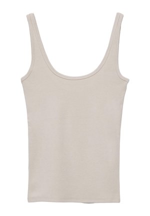 Top beige senza maniche a coste con scollo tondo, orlo dritto e cuciture visibili su spalline e bordi.