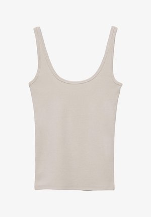 Top beige senza maniche a coste con scollo tondo, orlo dritto e cuciture visibili su spalline e bordi.