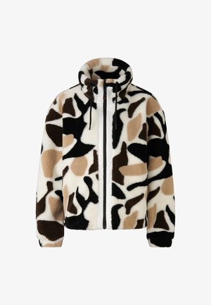 Pluszowa kurtka z czarno-brązowo-kremowym abstrakcyjnym wzorem, wysokim kołnierzem, zamkiem błyskawicznym z przodu i sznurkami w kapturze.