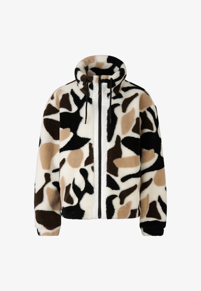 Pluche jas met een abstract patroon in zwart, bruin en crème, hoge kraag, ritssluiting aan de voorkant en trekkoorden aan de capuchon.