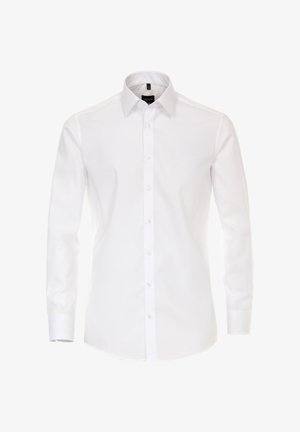 Weißes Langarmhemd mit klassischem Kragen, Knopfleiste und glatter Baumwolltextur. Hat einen maßgeschneiderten Schnitt und einen subtilen Glanz.