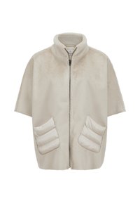 Beige Kurzarm-Reißverschlussjacke mit hohem Kragen und gepolsterten vorderen Taschen, aus weichem, plüschigem Stoff hergestellt.