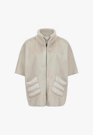 Beige short-sleeve zip-up jacket with high collar and padded front pockets, made of soft, plush fabric.