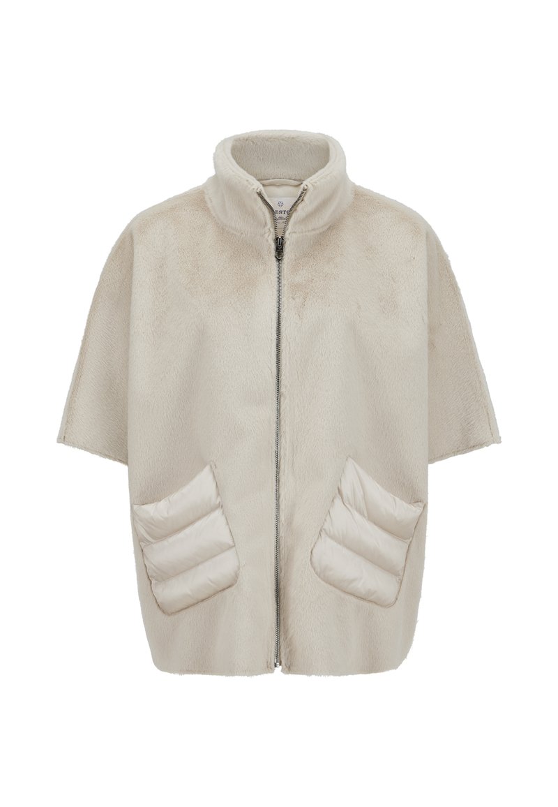 Beige Kurzarm-Reißverschlussjacke mit hohem Kragen und gepolsterten vorderen Taschen, aus weichem, plüschigem Stoff hergestellt.