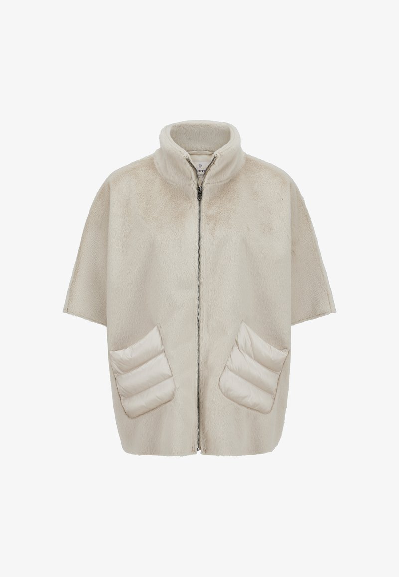 Beige Kurzarm-Reißverschlussjacke mit hohem Kragen und gepolsterten vorderen Taschen, aus weichem, plüschigem Stoff hergestellt.