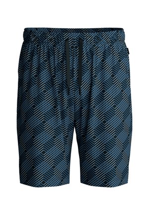 Zwemshorts in marineblauw met een geometrisch patroon in lichtblauw. Voorzien van een elastische tailleband met zwarte trekkoorden. Lichtgewicht stof.