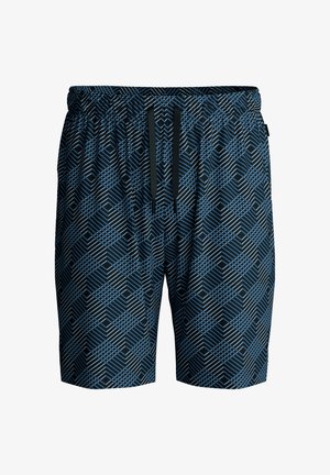 Zwemshorts in marineblauw met een geometrisch patroon in lichtblauw. Voorzien van een elastische tailleband met zwarte trekkoorden. Lichtgewicht stof.