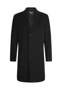 Cappotto di lana nero con colletto a punte, quattro bottoni frontali, due tasche laterali e una superficie liscia. Silhouette classica con maniche lunghe.
