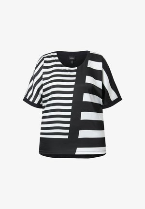 Sort og hvid stribet t-shirt med korte ærmer og rund halsudskæring, med et mix af vandrette og lodrette linjer i forskellige bredder.