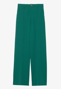 Pantalon large vert en tissu léger. Doté d'une fermeture à boutons, de poches avant, et d'une texture lisse avec des plis.