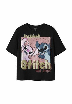 Czarny T-shirt z kolorową grafiką animowanych postaci Stitch i Angel z tekstem "Best friends Stitch and Angel" na różowym tle w kropki.