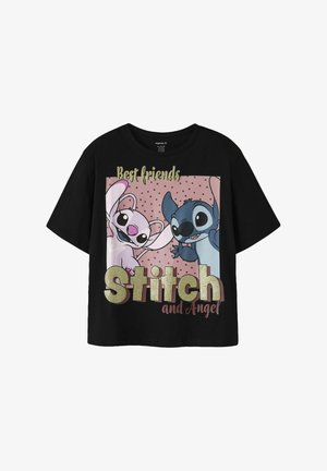 Czarny T-shirt z kolorową grafiką animowanych postaci Stitch i Angel z tekstem "Best friends Stitch and Angel" na różowym tle w kropki.
