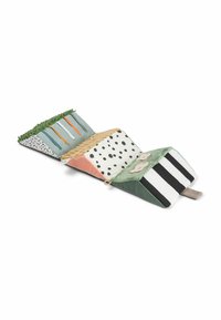 Tekstureeritud kangast rahakott, millel on erinevad värvid: roheline, roosa, must ja valge. Mustrid hõlmavad punkte ja riba, ning see on volditav disain.