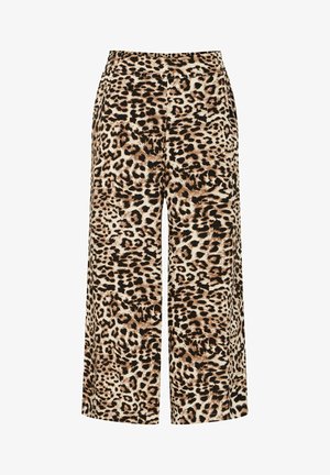 Leopardimustriga laiad püksid elastse pihikuga, mis sisaldavad segu beežist, mustast ja pruunist tooni pehme tekstuuriga kangas.