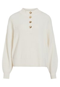 Cremfarbener, gerippter Strickpullover mit Ballonärmeln und vier goldenen, muschelförmigen Knöpfen auf der hohen Kragenleiste.