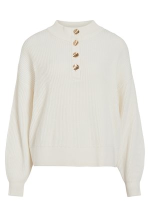 Cremefarvet ribstrikket sweater med ballonærmer og fire guldskallignende knapper på den høje kraveåbning.
