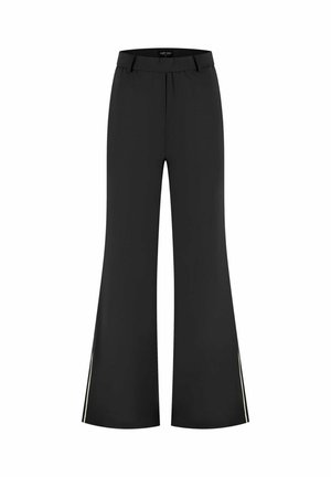 Zwarte broek met wijde pijpen, hoge taille, riemlussen en subtiele zijstrookdetails.