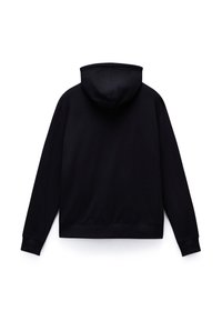 Schwarzer Hoodie mit langen Ärmeln, von hinten gezeigt, mit gerippten Bündchen, Saum und Kapuze, auf weißem Hintergrund.