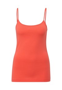 Débardeur corail vif sans manches avec fines bretelles doubles et silhouette ajustée sur fond blanc.