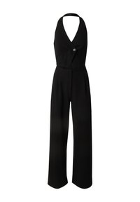 Zwarte jumpsuit met een diepe V-hals, halterband, accent met knopen aan de voorkant en brede broekspijpen met een gladde textuur.