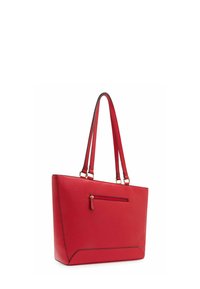 Rote rechteckige Tragetasche mit doppelten Schulterriemen, strukturierter Oberfläche, äußerem Reißverschlussfach und schwarzer Einfassung entlang der Kanten.