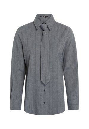Gray pinstripe shirt with long sleeves and a tie, made of textured fabric. Features a collared neck and button-front closure.