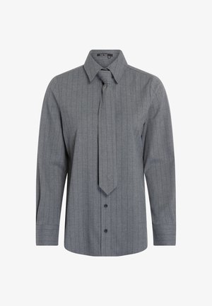 Gray pinstripe shirt with long sleeves and a tie, made of textured fabric. Features a collared neck and button-front closure.