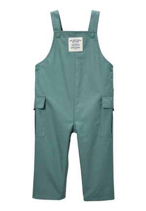 Salopette vert sarcelle pour enfants avec bretelles réglables, poches latérales avec rabats et un patch à l'avant portant l'inscription « No Bad Days Never. »