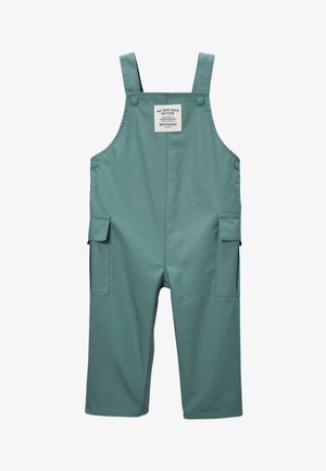 Salopette vert sarcelle pour enfants avec bretelles réglables, poches latérales avec rabats et un patch à l'avant portant l'inscription « No Bad Days Never. »