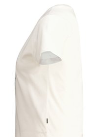 Valkoinen puuvillapaita, jossa on lyhyet hihat, pyöreä kaula-aukko ja ommeltu sivulappu. Sileä rakenne, yksinkertainen muotoilu ja rento istuvuus.