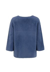 Blaues Kunstfelloberteil mit einer kastigen Form, weiten Ärmeln und einem runden Ausschnitt. Weiche Textur mit einem einheitlichen, flauschigen Aussehen.