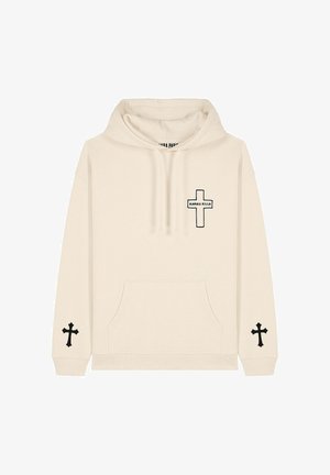 Beige Kapuzenpullover mit einer Fronttasche, Kordelzügen und einem schwarzen Kreuzgrafik auf der Brust und den Ärmeln. Weicher Stoff, lockere Passform.