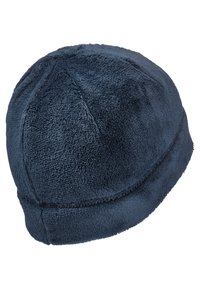 Navyblaues Fleece-Mütze mit weicher Textur, abgerundeter Form und gestickten Akzenten. Verfügt über ein nahtloses Design mit engem Sitz am Saum.