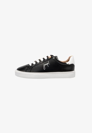Black low-top sneaker with white laces, white sole, white heel tab, and cursive white "joop!" logo on the side.