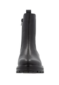 Black leather ankle boots with a smooth finish, side zipper closure, pull tab at the back, and a textured rubber sole for grip.