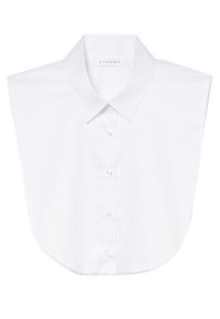 White collared blouse with a buttoned front, featuring a smooth texture and structured shape, designed for a fitted appearance.