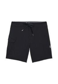 Maillots de bain pour hommes noirs avec poche latérale, taille à cordon de serrage et petit logo sur la jambe droite.