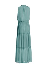 Robe maxi sans manches bleu sarcelle clair avec col montant, dos avec ouverture en forme de goutte, taille froncée et jupe fluide à volants superposés.