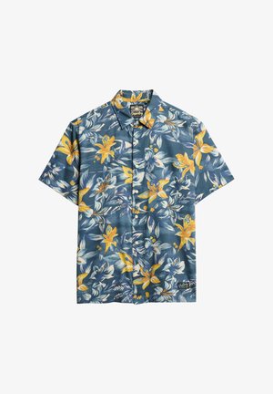 Koszula z krótkim rękawem w niebieskim kolorze z tropikalnym wzorem kwiatowym w żółtym i białym. Posiada zapięcie na guziki z przodu oraz kołnierzyk. Lekka tkanina.