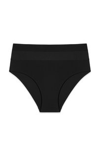 Sous-vêtement féminin noir taille haute avec une ceinture texturée et un tissu lisse en dessous.