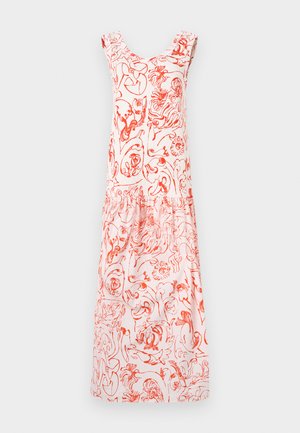 Floral print dress in light pink with red designs, featuring a scoop neckline and ruffled shoulder straps, flowing down to a gathered hemline.
