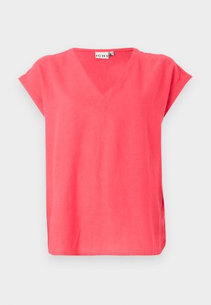 Korallinpunainen lyhythihainen pusero, jossa on V-pääntie, valmistettu kevyestä kankaasta. Malli on rento ja siinä on sivuviillot.